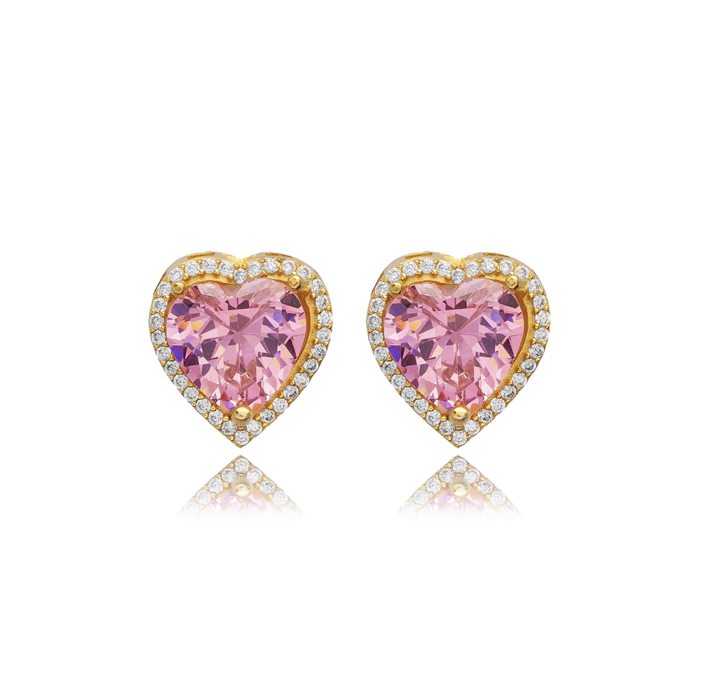 Pink CZ Stones Heart Design Handmade 925 Silver Stud Earrings