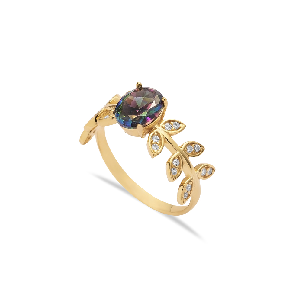 Mystic Topaz CZ Stone Oval Leaf Style Silver Cluster Ring