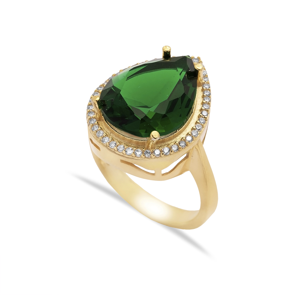 Emerald CZ Pear Shape Silver Cluster Women Ring