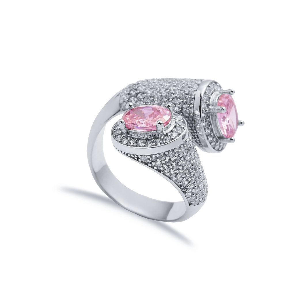 Pink CZ Stone Double Side Oval Stony Cluster Adjustable Silver Ring