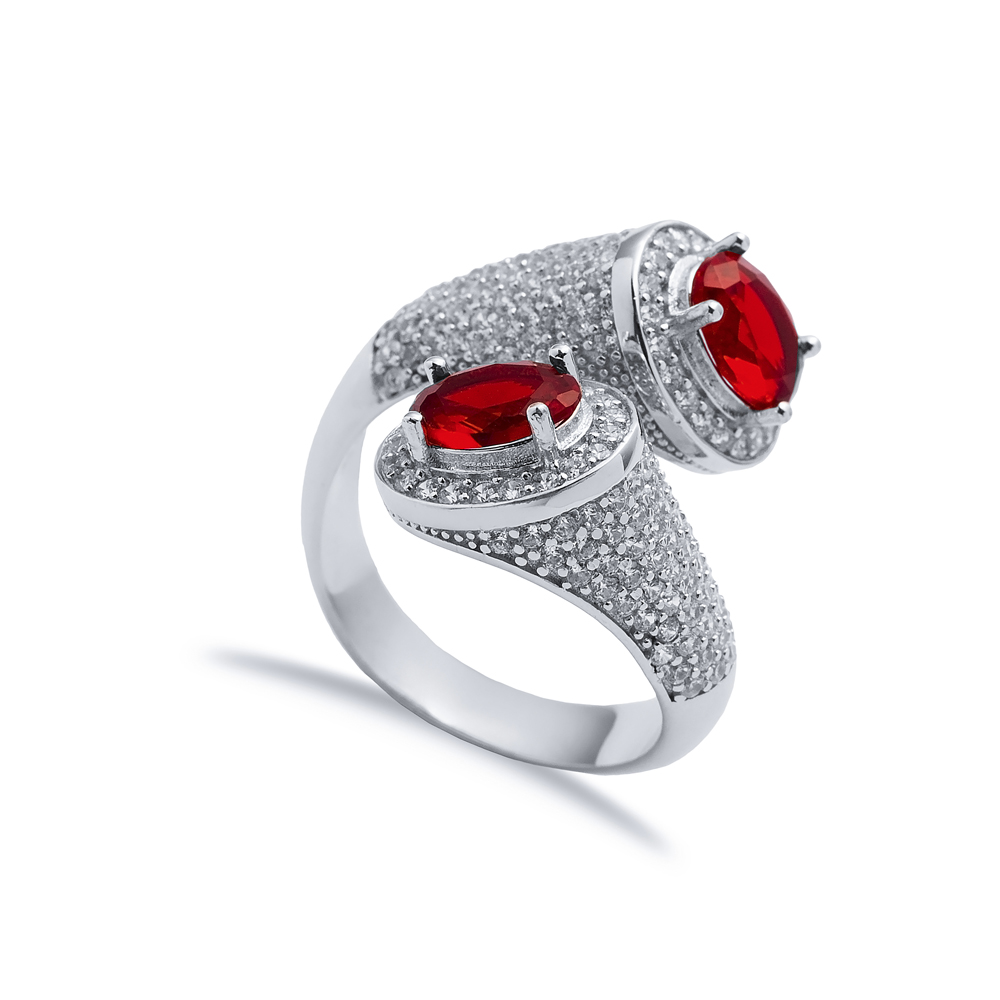 Garnet CZ Double Side Oval Stony Cluster Adjustable Silver Ring