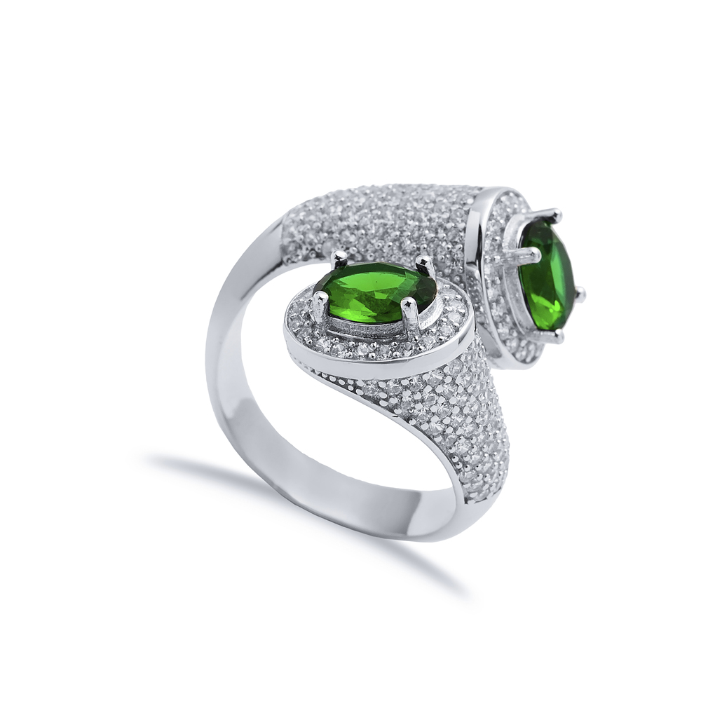 Emerald CZ Double Side Oval Stony Cluster Adjustable Silver Ring