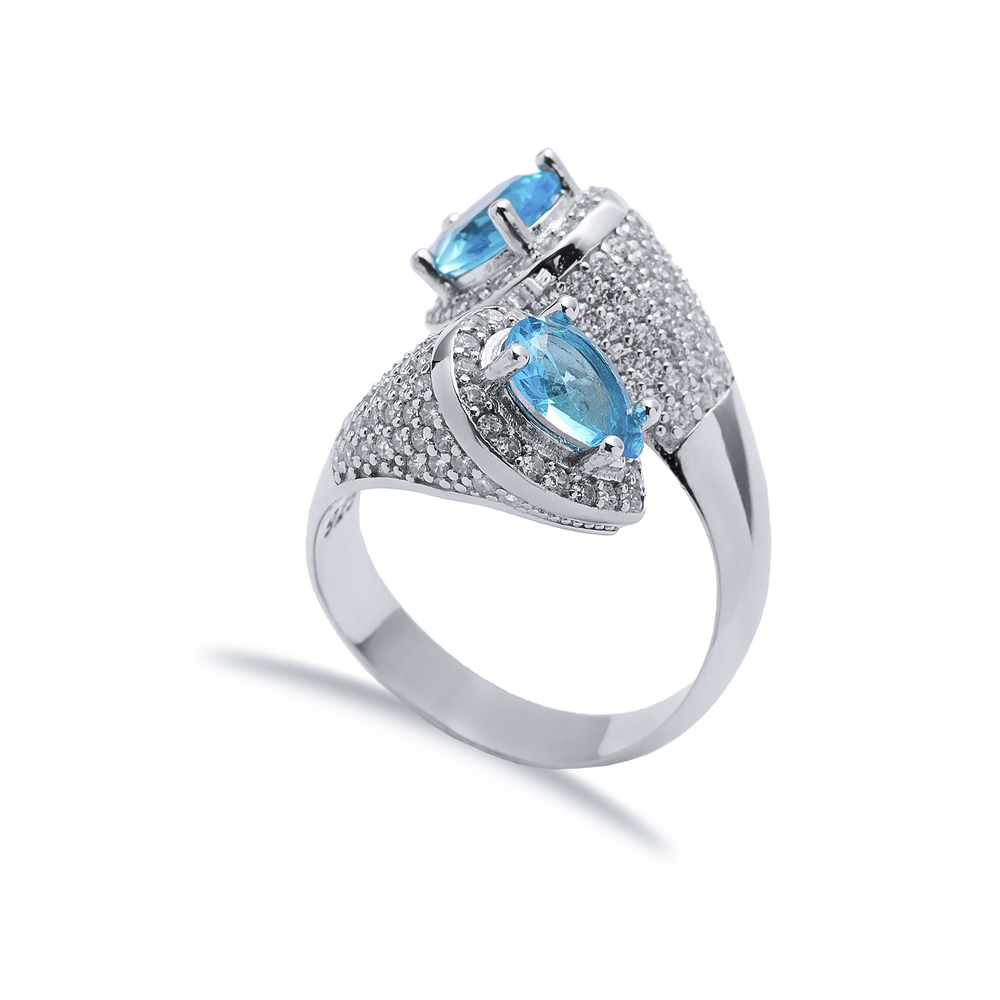 Aquamarine CZ Double Side Pear Stony Cluster Adjustable Silver Ring