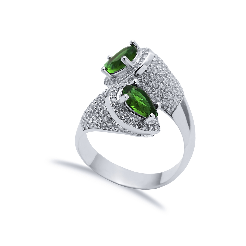 Emerald CZ Double Side Pear Stony Cluster Adjustable Silver Ring
