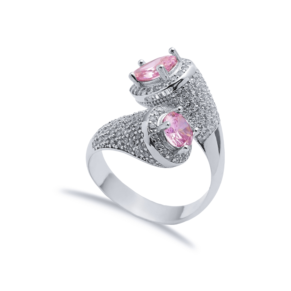 Pink Round and Pear Stony Cluster Adjustable Silver Ring