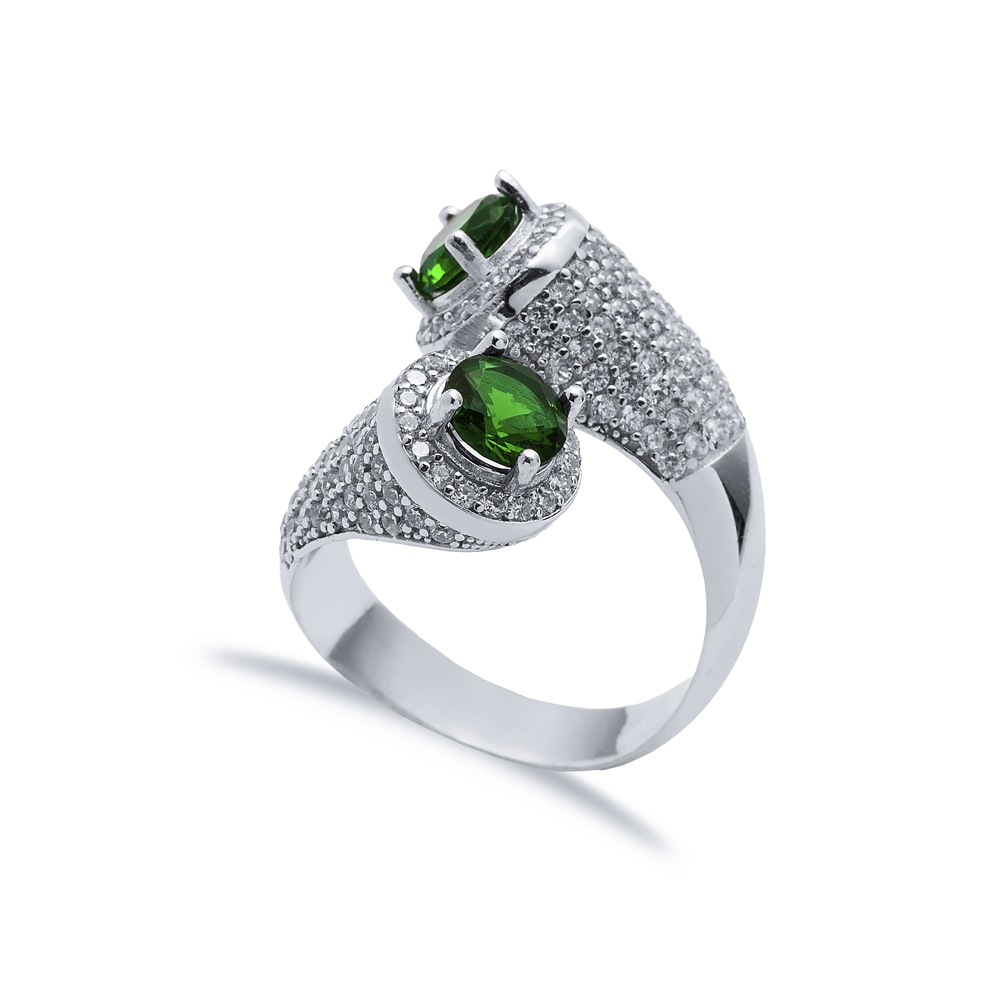 Emerald CZ Round Stony Cluster Wholesale Adjustable Silver Ring