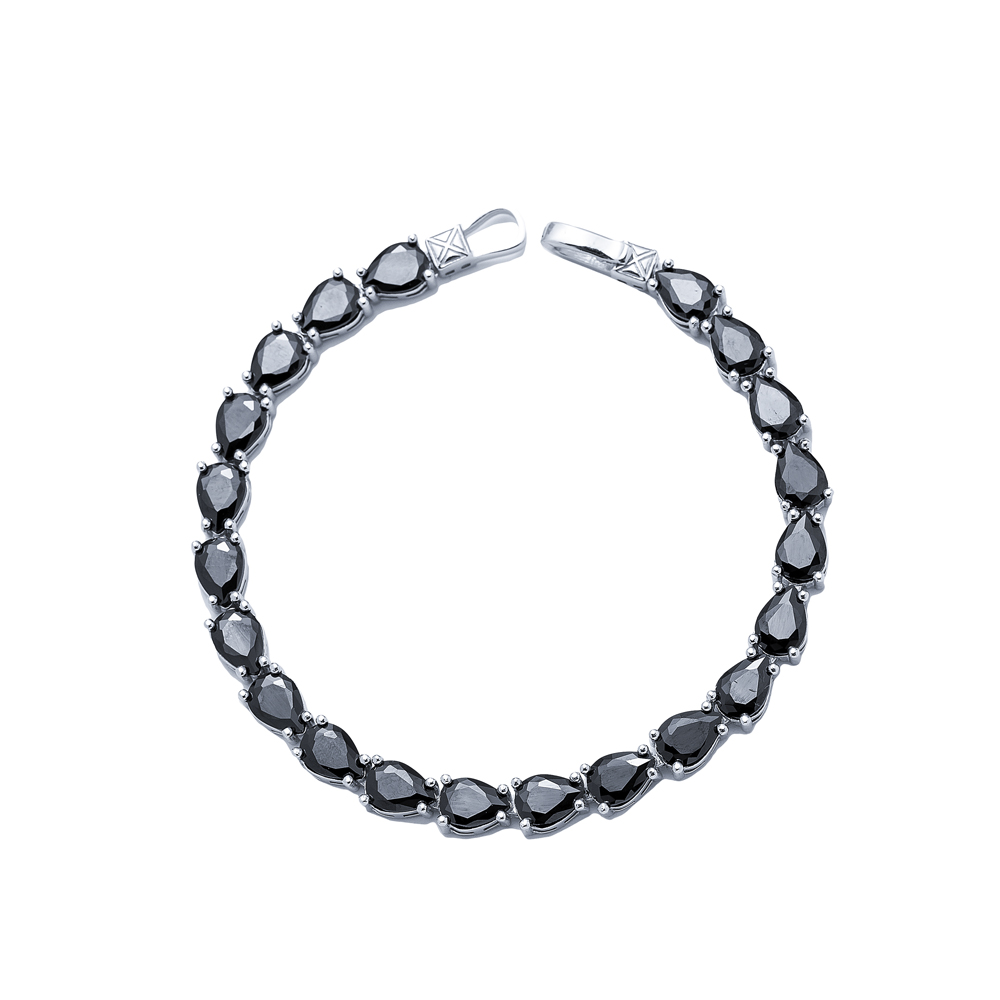 Pear Shape Black CZ Stones Sterling Silver Tennis Bracelet