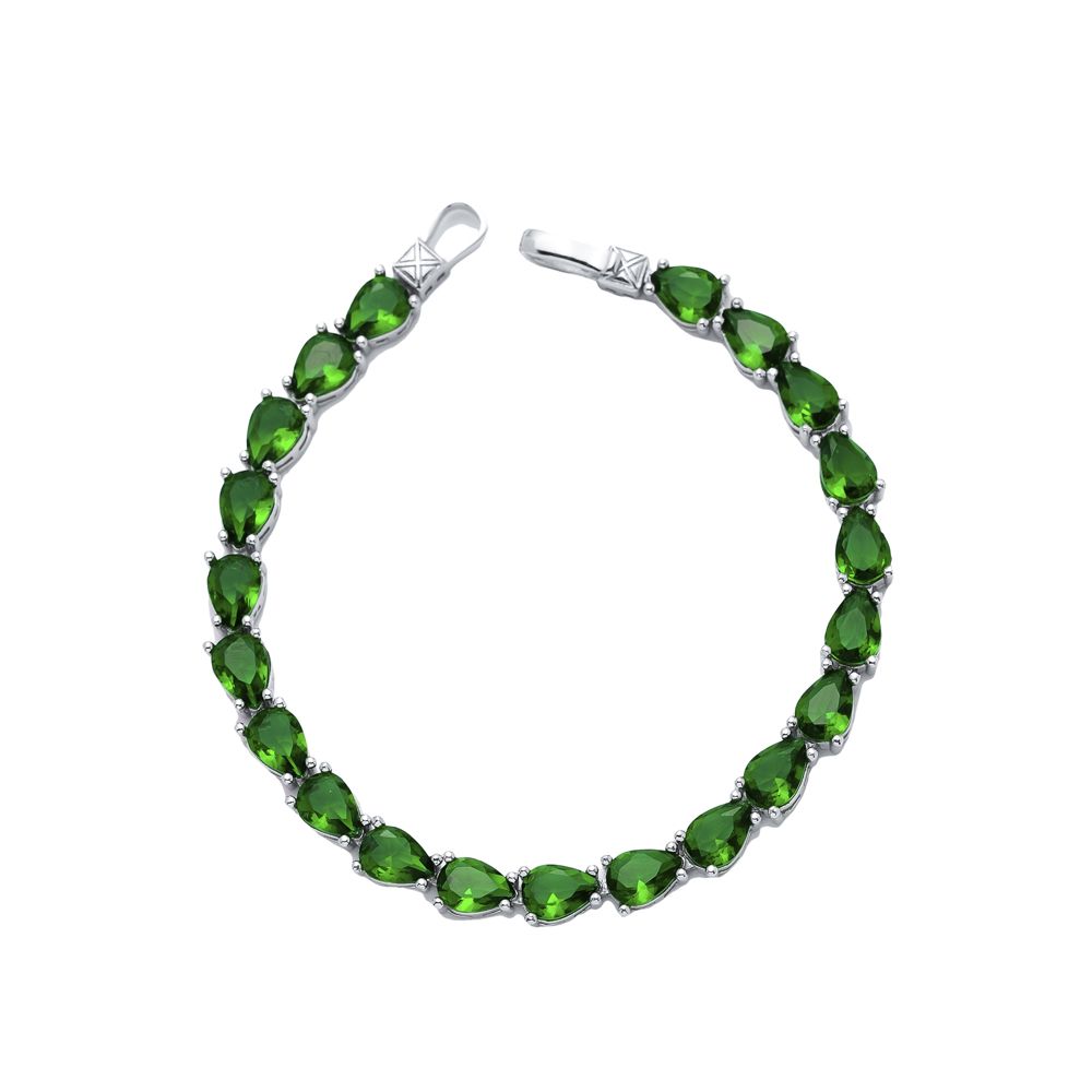 Pear Shape Emerald CZ Stones Sterling Silver Tennis Bracelet