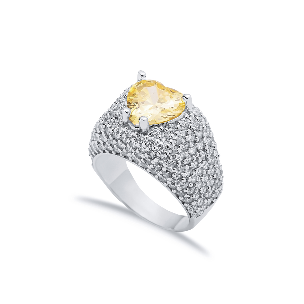 Heart Shape Citrine CZ Stones Sterling Silver Stony Cluster Ring