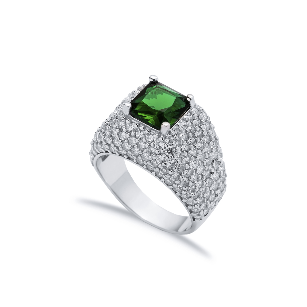 Square Shape Emerald CZ Stones Sterling Silver Stony Cluster Ring