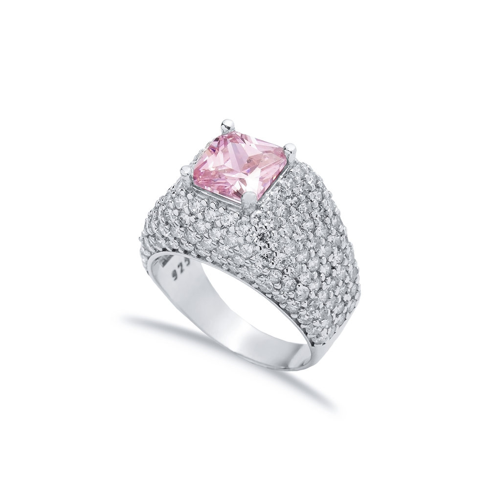 Square Shape Pink CZ Stones Sterling Silver Stony Cluster Ring