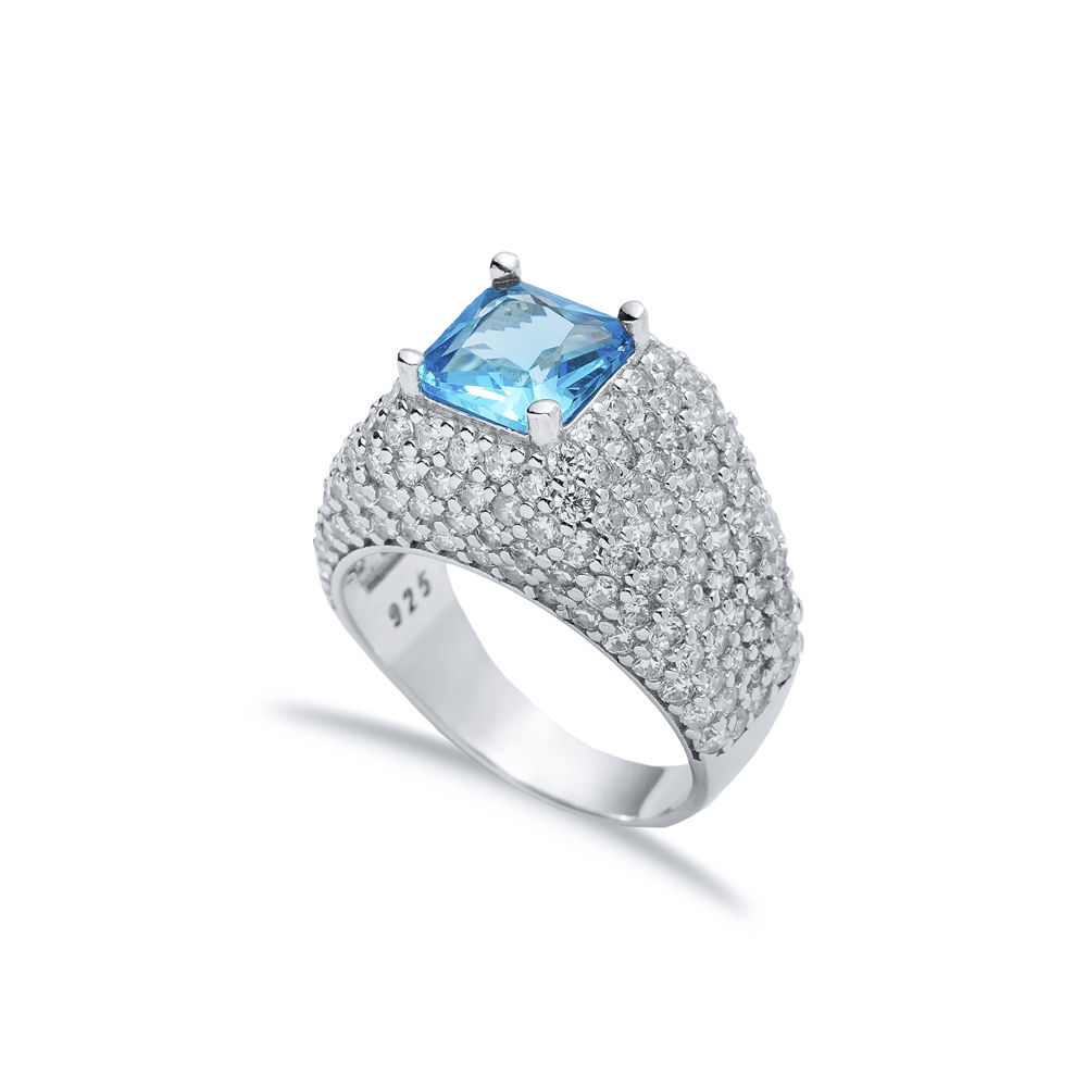 Square Shape Aquamarine CZ Stones Sterling Silver Stony Cluster Ring