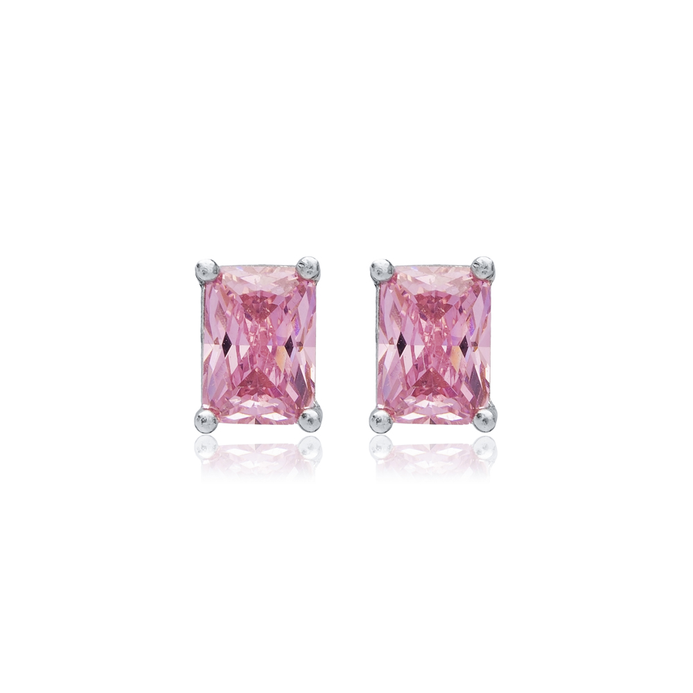 Pink CZ Stone 5x7 mm Baguette Rectangle Stud Earrings