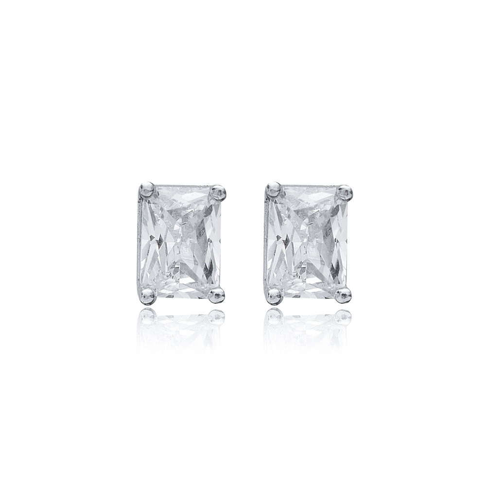 Clear CZ Stone 5x7 mm Baguette Rectangle Stud Earrings