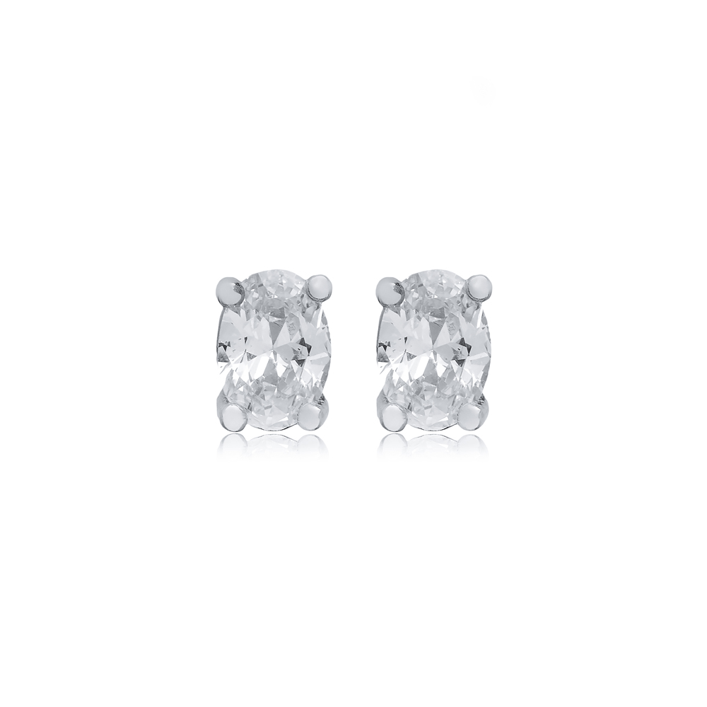 Oval Shape White CZ Stone Sterling Silver Stud Earrings