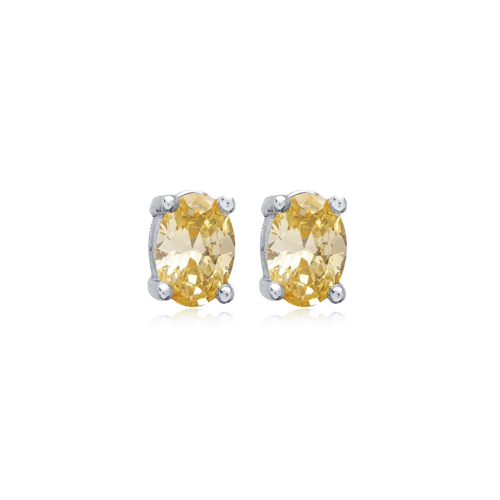 Oval Shape Citrine CZ Stone Sterling Silver Stud Earrings