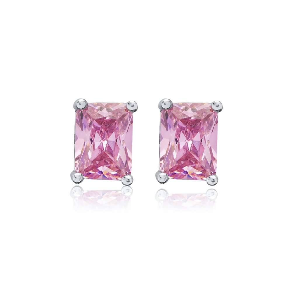Pink CZ Stone 6x8 mm Baguette Rectangle Stud Earrings