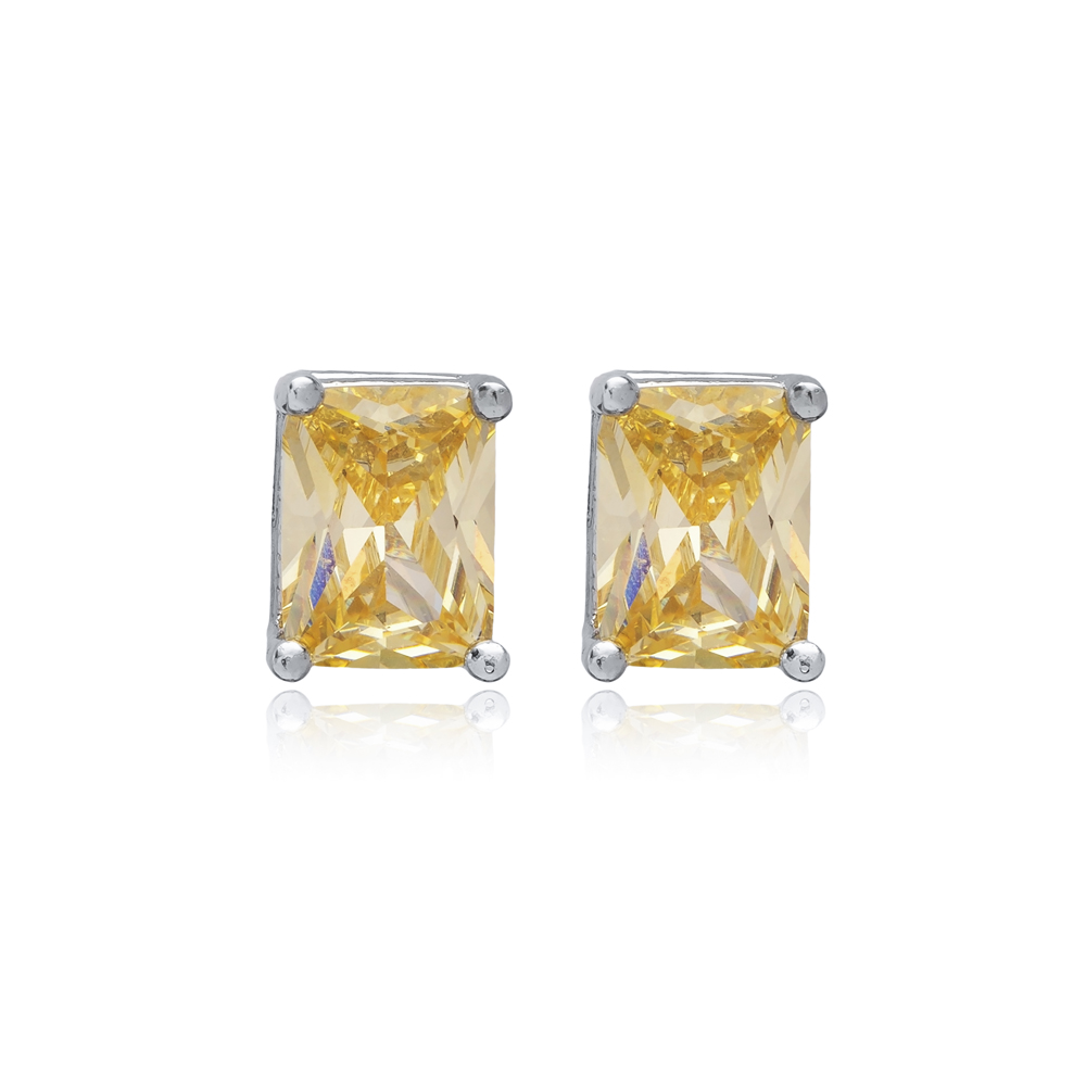 Citrine CZ Stone 6x8 mm Baguette Rectangle Stud Earrings