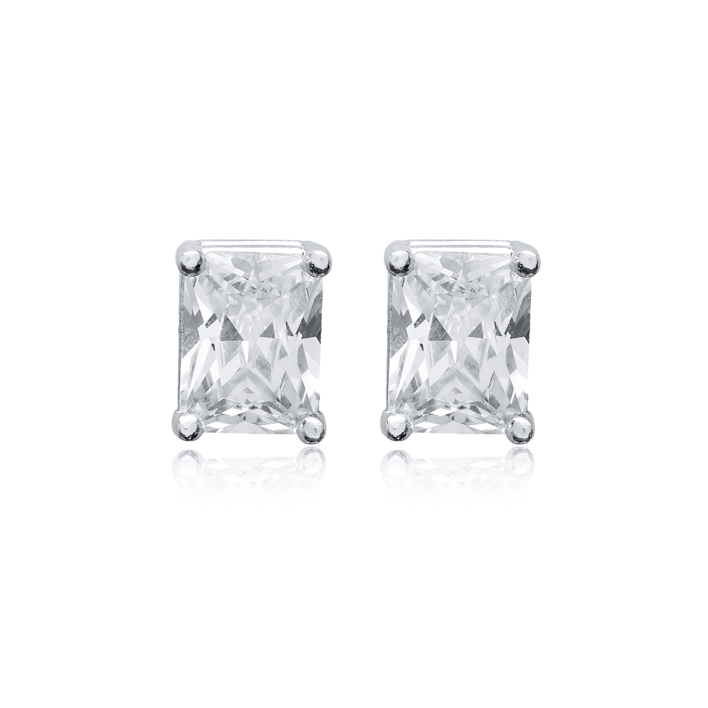 CZ Stone 6x8 mm Baguette Rectangle Silver Stud Earrings