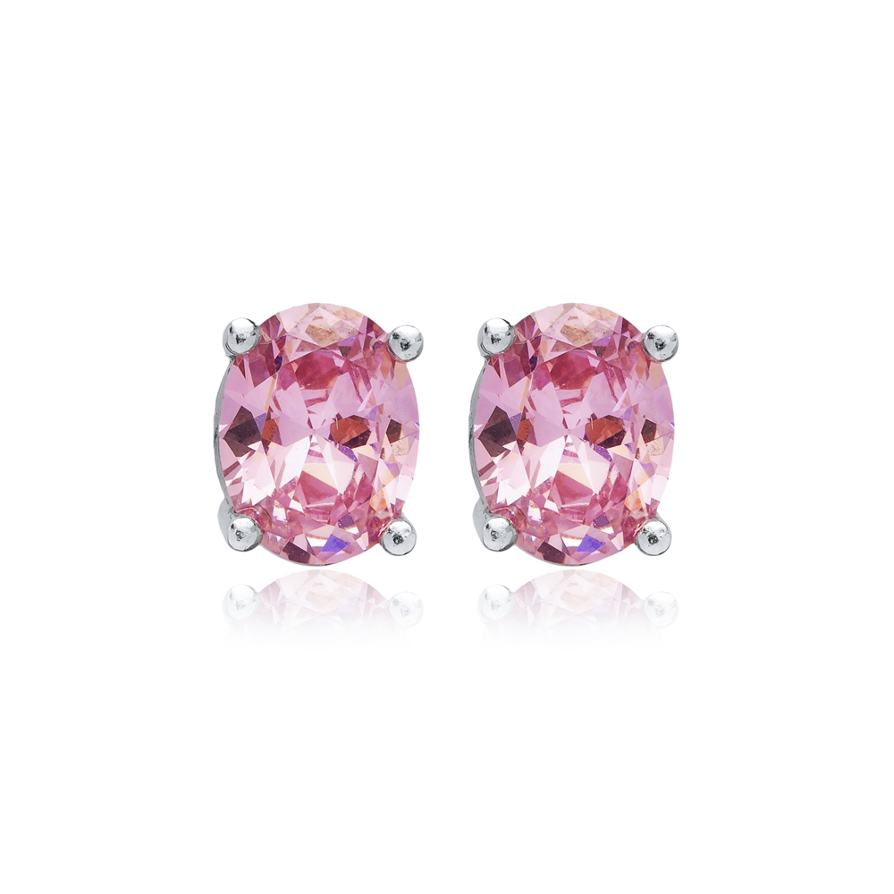 Oval Pink CZ Stones 925 Sterling Silver Stud Earrings