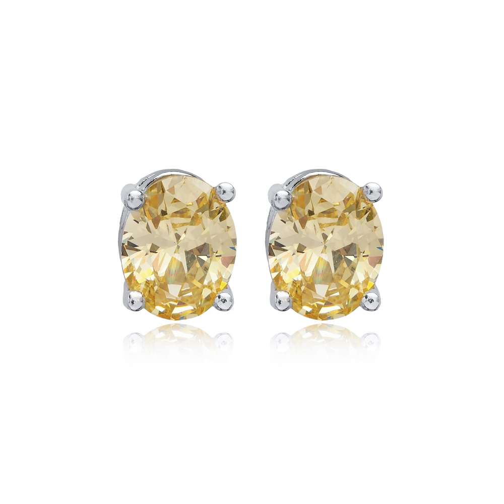 Oval Citrine CZ Stones 925 Sterling Silver Stud Earrings