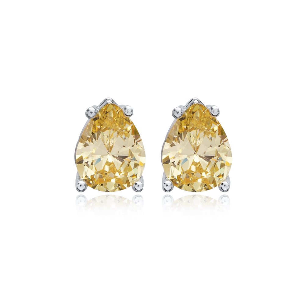 Pear Shape Citrine CZ Stones Sterling Silver Stud Earrings