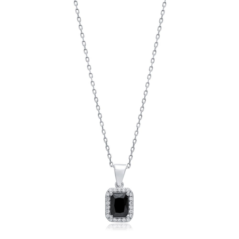 Black CZ Stones Baguette Rectangle Silver Charm Necklace