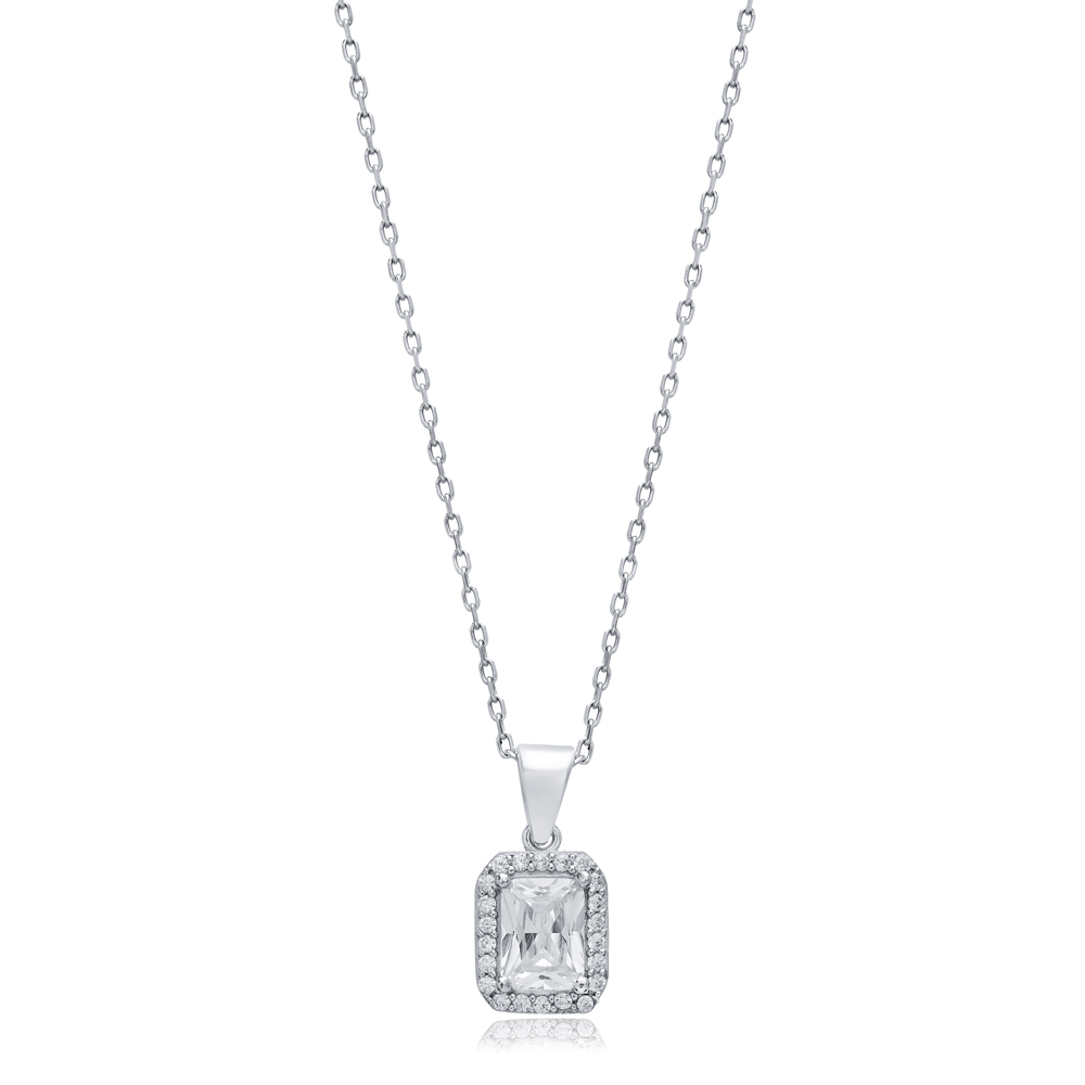 CZ Stones Baguette Rectangle Wholesale Silver Charm Necklace