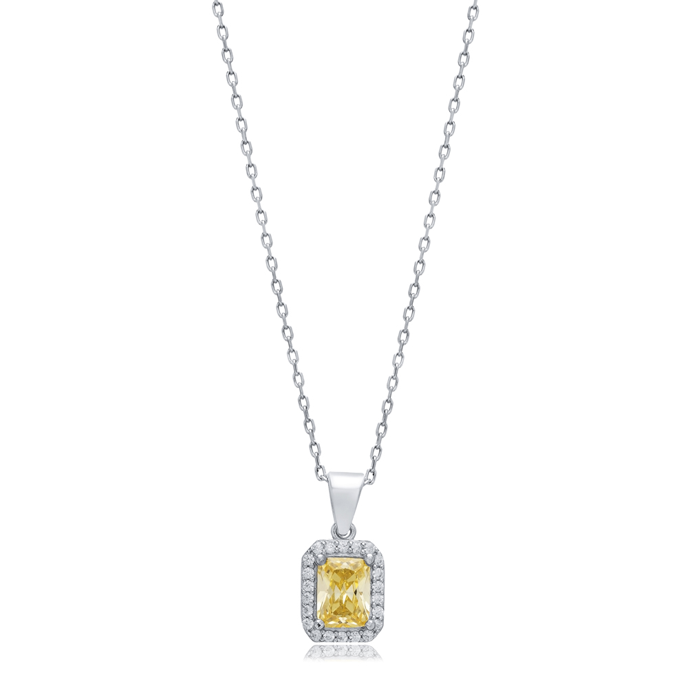 Citrine CZ Stones Baguette Rectangle Wholesale Silver Charm Necklace