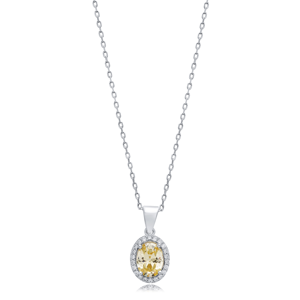 Citrine CZ Stones Baguette Oval Silver Charm Necklace