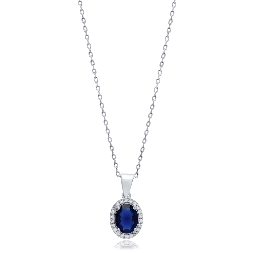 Sapphire CZ Stones Baguette Oval Silver Charm Necklace