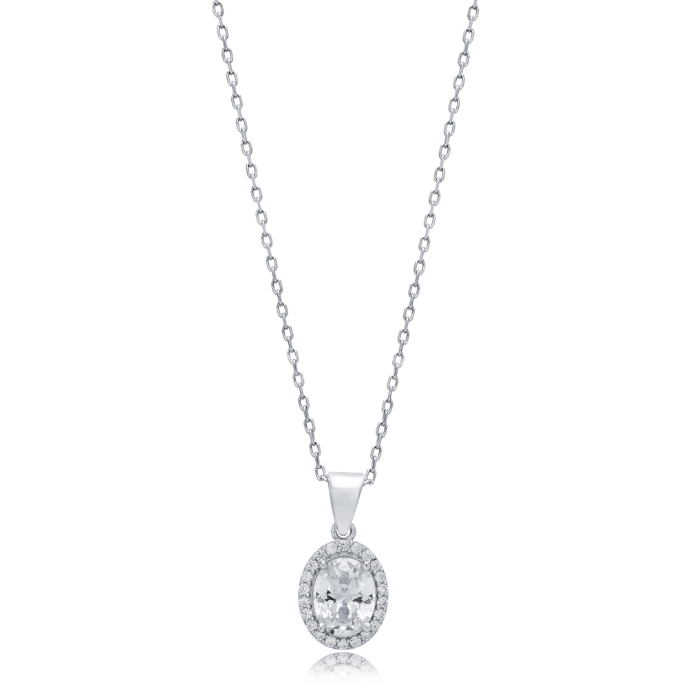 CZ Stones Baguette Oval Wholesale Silver Charm Necklace