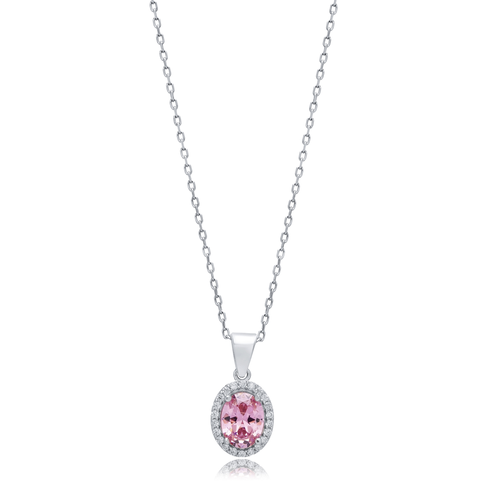Pink CZ Stones Baguette Oval Silver Charm Necklace