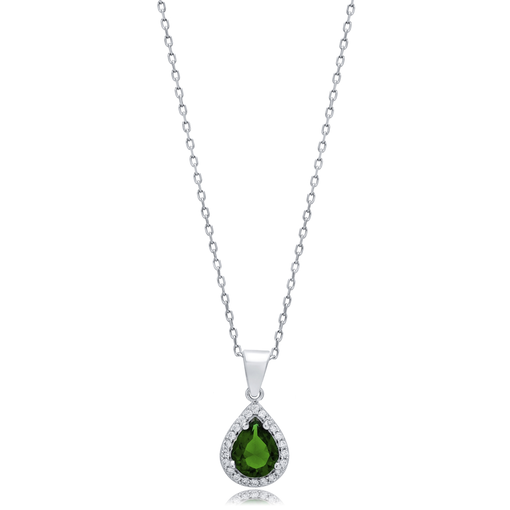 Emerald CZ Pear Design Silver Charm Necklace Pendant