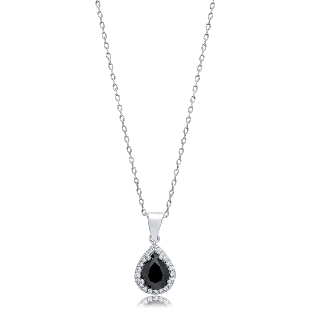 Black CZ Pear Design Silver Charm Necklace Pendant