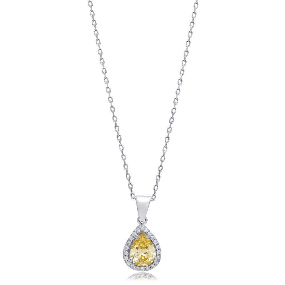 Citrine CZ Pear Design Silver Charm Necklace Pendant