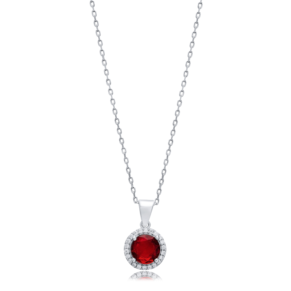 Garnet CZ Stones Round Design Silver Charm Necklace