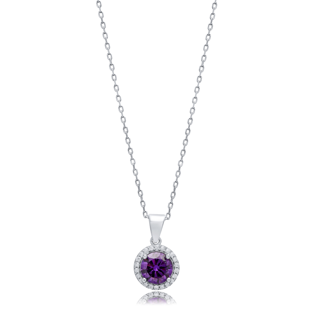 Amethyst CZ Stones Round Design Silver Charm Necklace