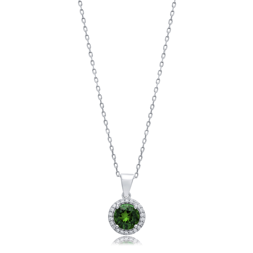 Emerald CZ Stones Round Design Silver Charm Necklace