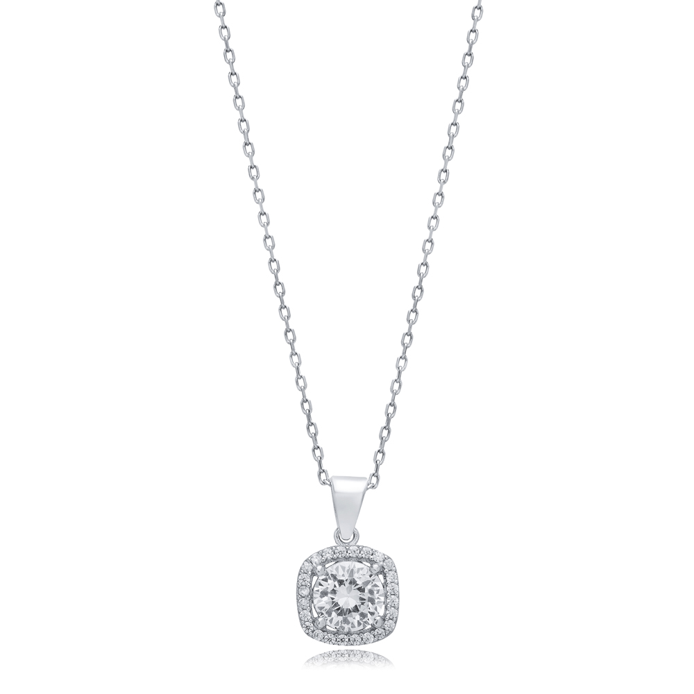 CZ Round Stone Square Design Wholesale Silver Charm Necklace