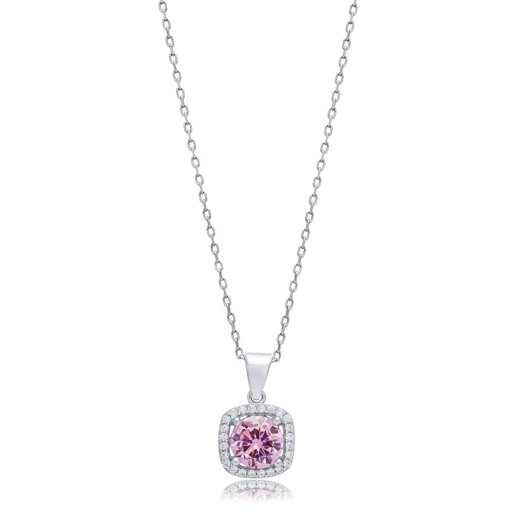 Pink CZ Round Square Design Turkish Silver Charm Necklace