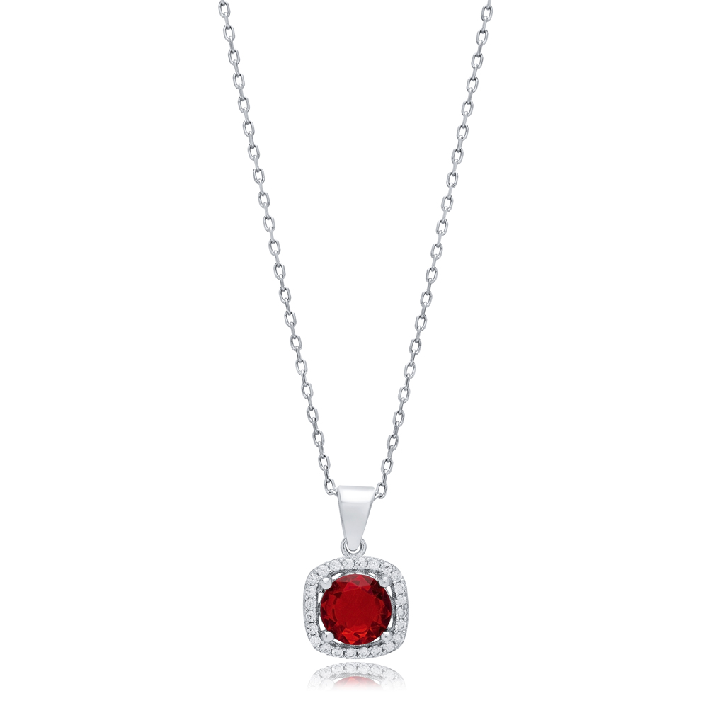 Garnet CZ Round Square Design Turkish Silver Charm Necklace