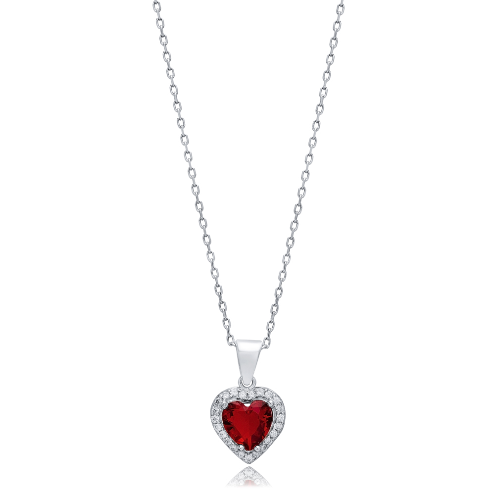 Garnet CZ Heart Design Silver Charm Necklace Pendant