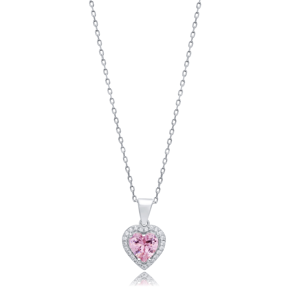 Pink CZ Heart Design Silver Charm Necklace Pendant