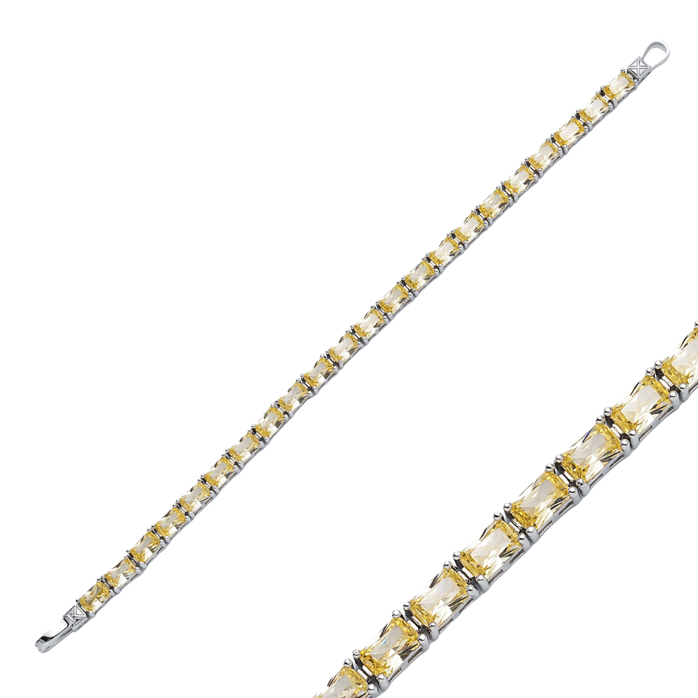 Citrine CZ Stone Rectangle Baguette Silver Tennis Bracelet