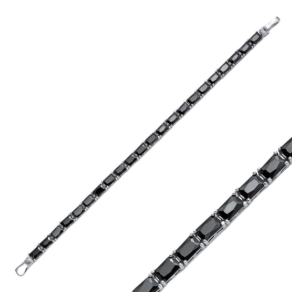 Black CZ Stone Rectangle Baguette Silver Tennis Bracelet