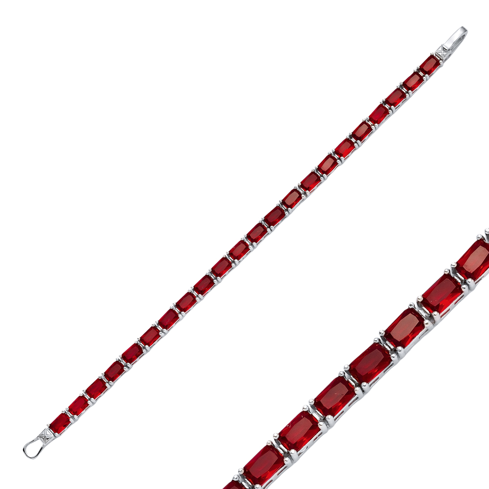 Garnet CZ Stone Rectangle Baguette Silver Tennis Bracelet