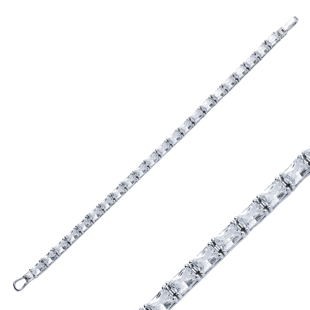 White CZ Stone Rectangle Baguette Silver Tennis Bracelet