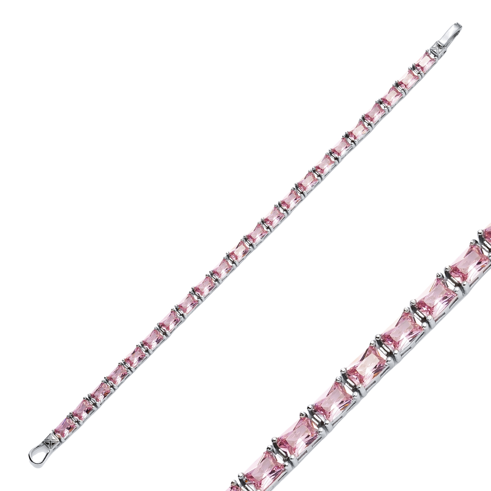 Pink CZ Stone Rectangle Baguette Silver Tennis Bracelet