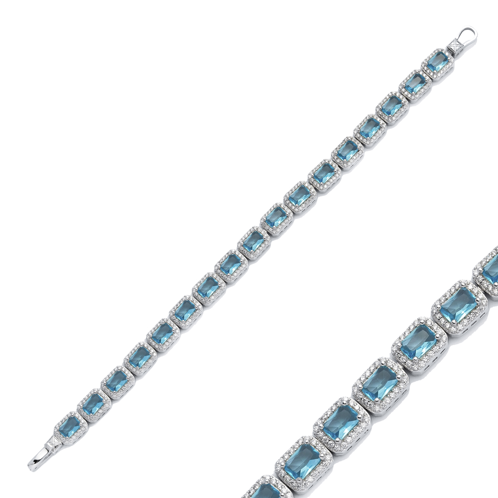 Baguette Design Aquamarine CZ Stone Silver Tennis Bracelet